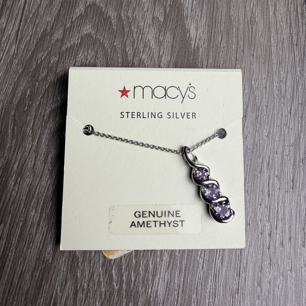 Macy's‎ Sterling Silver Genuine Amethyst 3-Stone Wave Pendant Necklace New